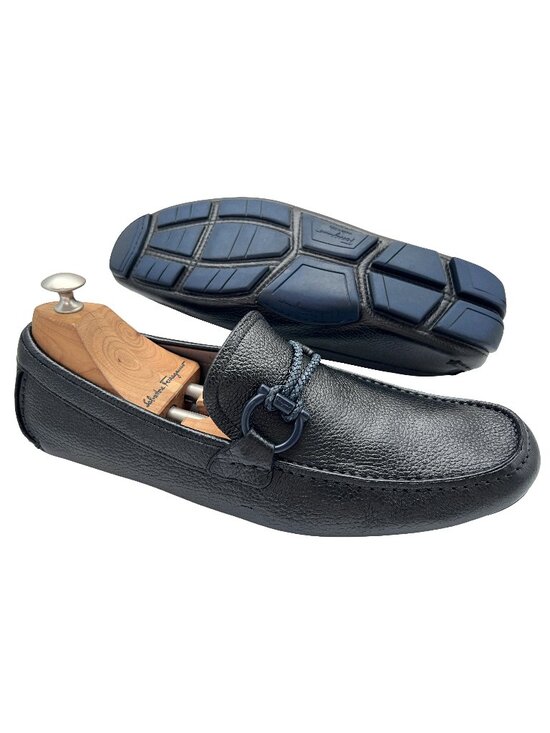 Salvatore Ferragamo Black Pebbled Leather Loafers with Navy Hardware main image 6
